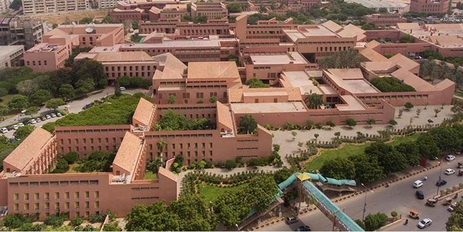 Aerial view of the Aga Khan University campus in Karachi with its distinctive terracotta architecture