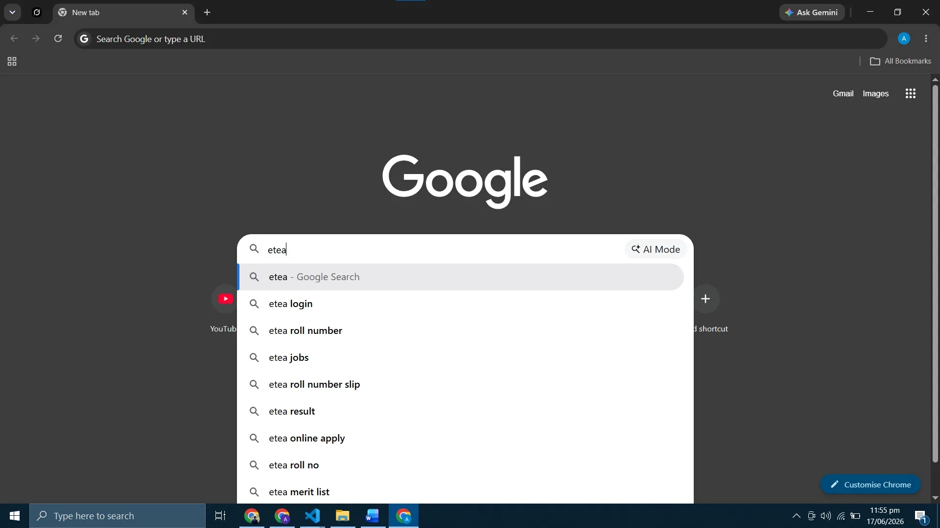 Google search results for ETEA showing the official etea.edu.pk website as the first result