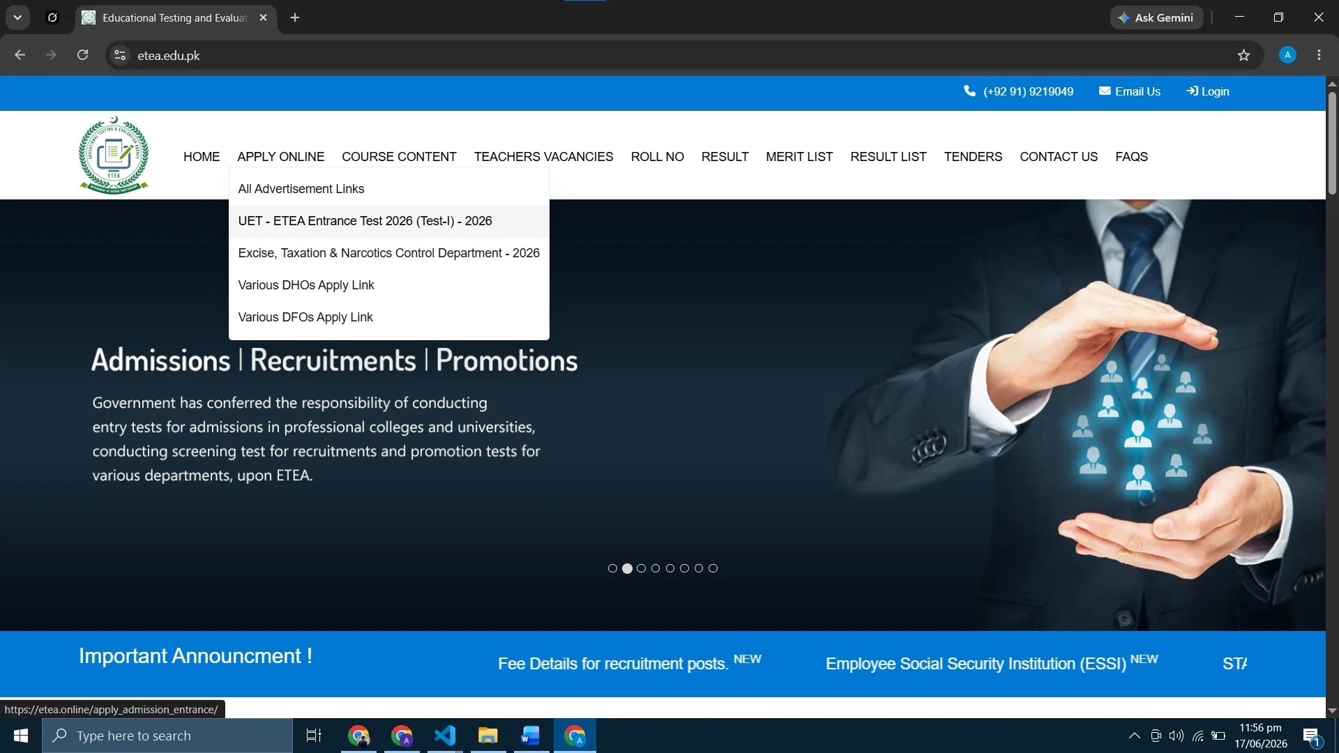 ETEA website APPLY ONLINE dropdown menu with UET-ETEA Entrance Test 2026 option highlighted