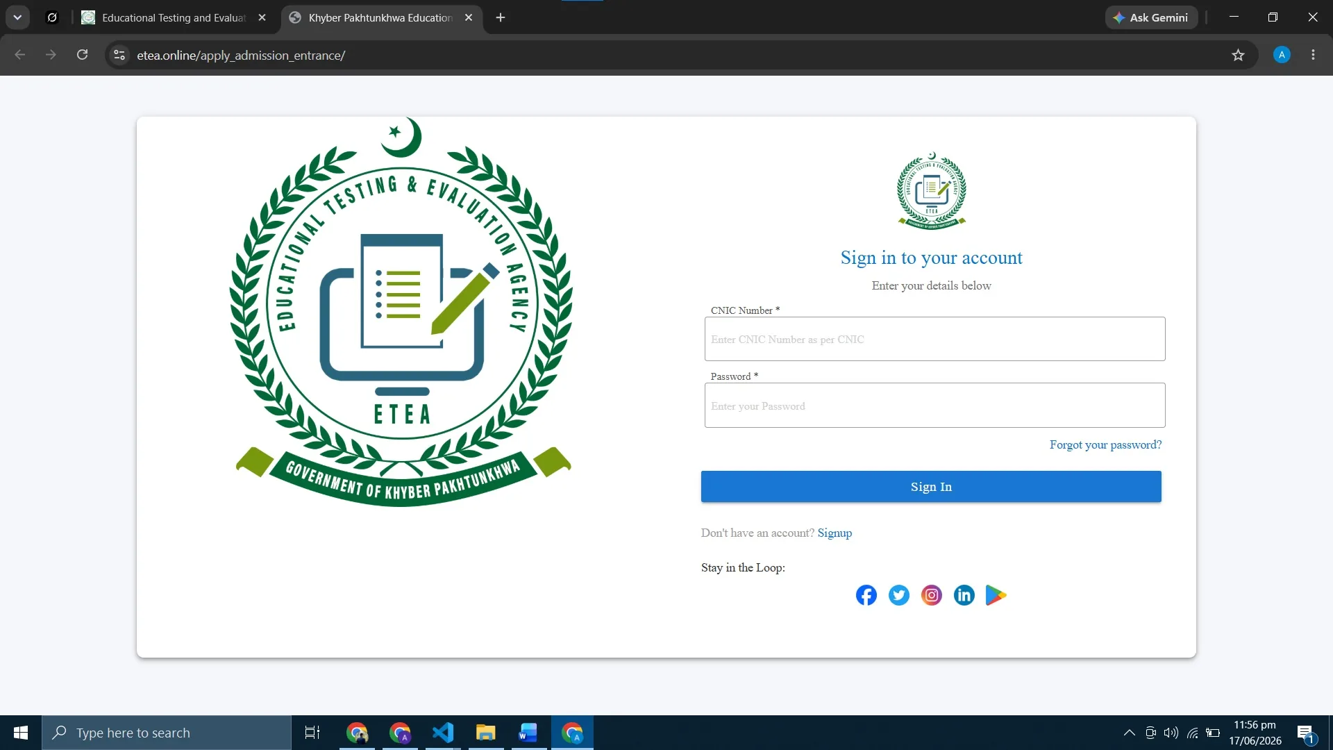 ETEA portal sign-in page with CNIC and password fields and the sign-up link below