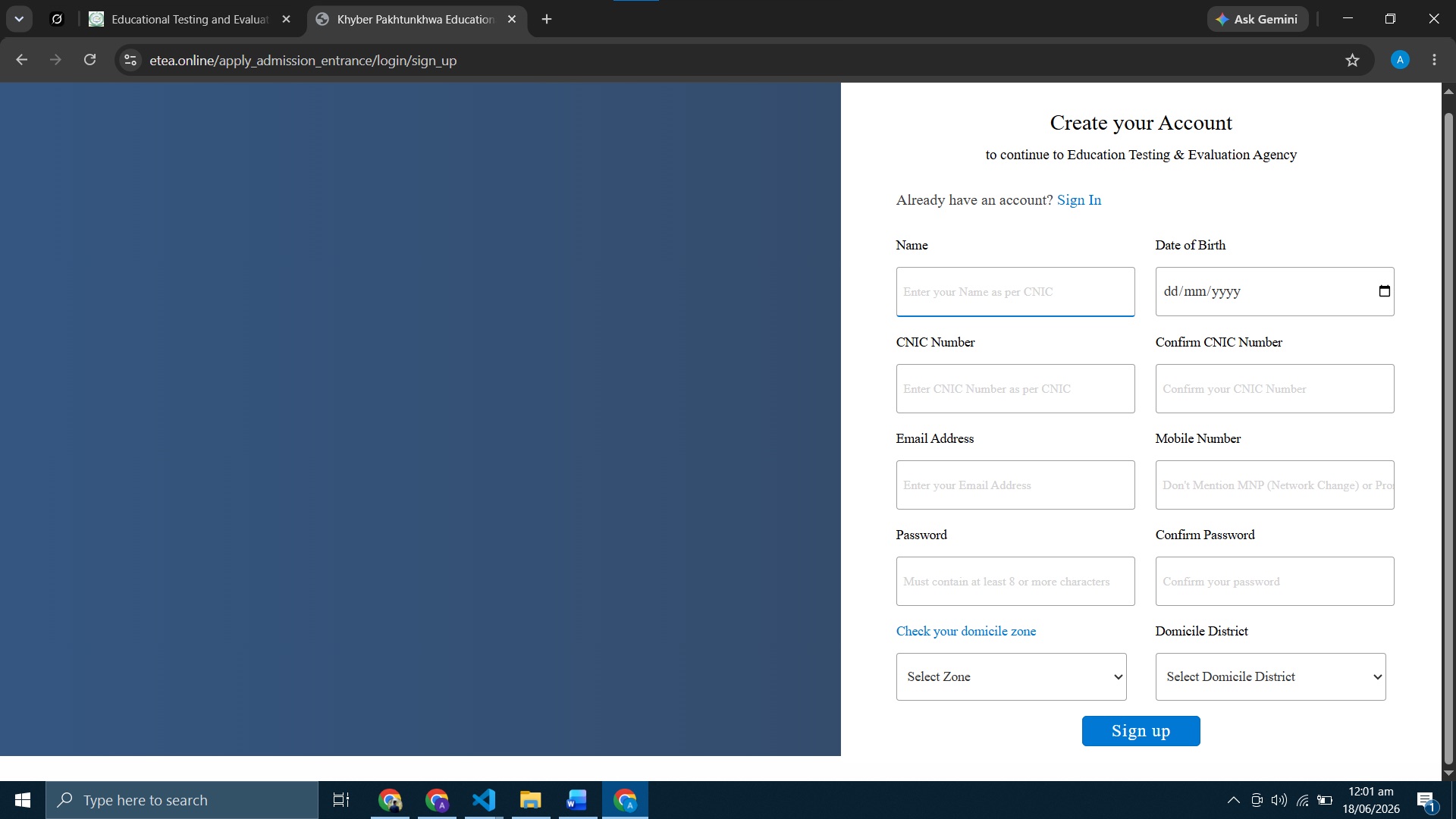 ETEA account registration form asking for name, CNIC, contact details and domicile zone
