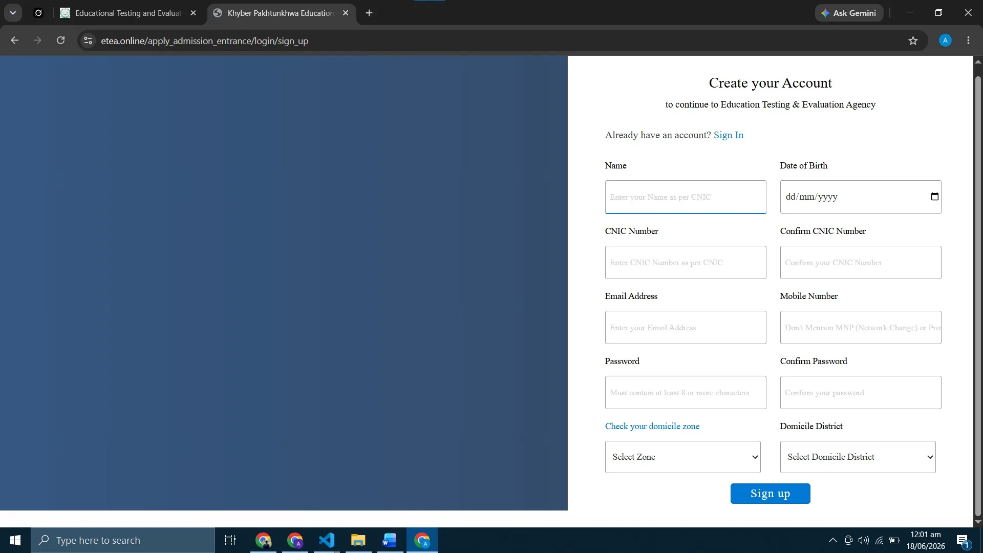 ETEA account registration form asking for name, CNIC, contact details and domicile zone