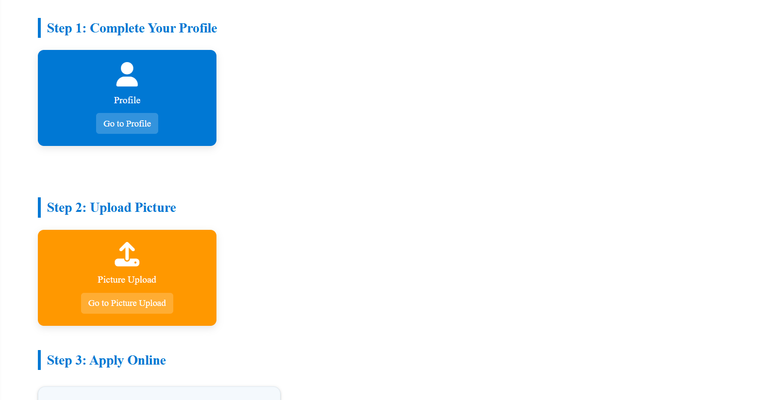 ETEA candidate dashboard showing Step 1 Complete Your Profile, Step 2 Upload Picture and Step 3 Apply Online