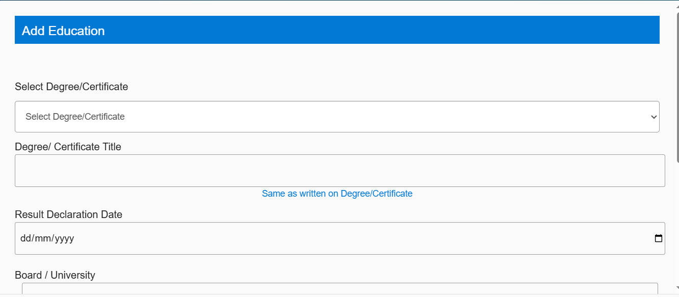 ETEA education form for entering SSC (Matric) board, year and marks
