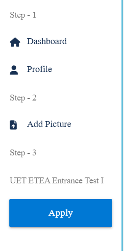 ETEA portal left sidebar showing Dashboard, Profile, Add Picture and the Apply button