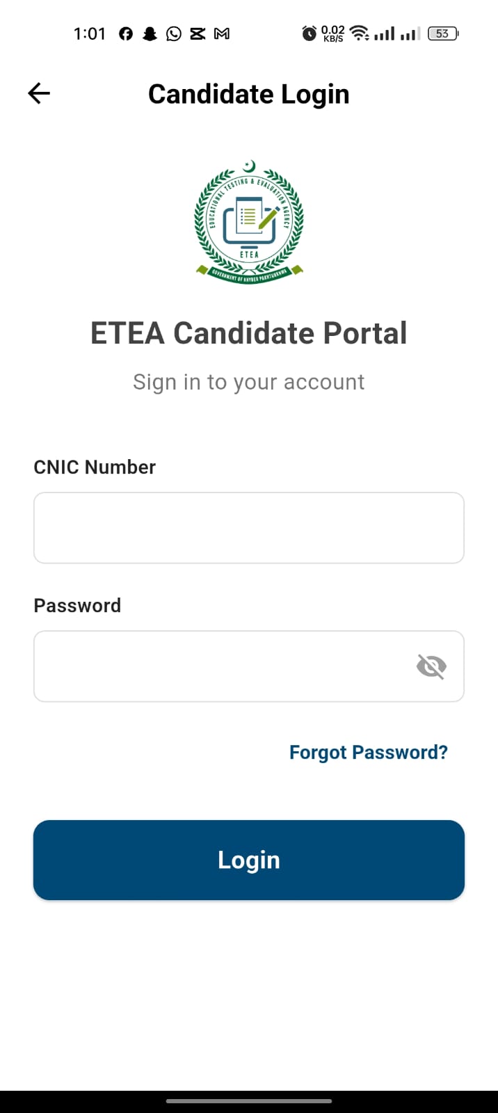 ETEA app login screen asking for CNIC and password