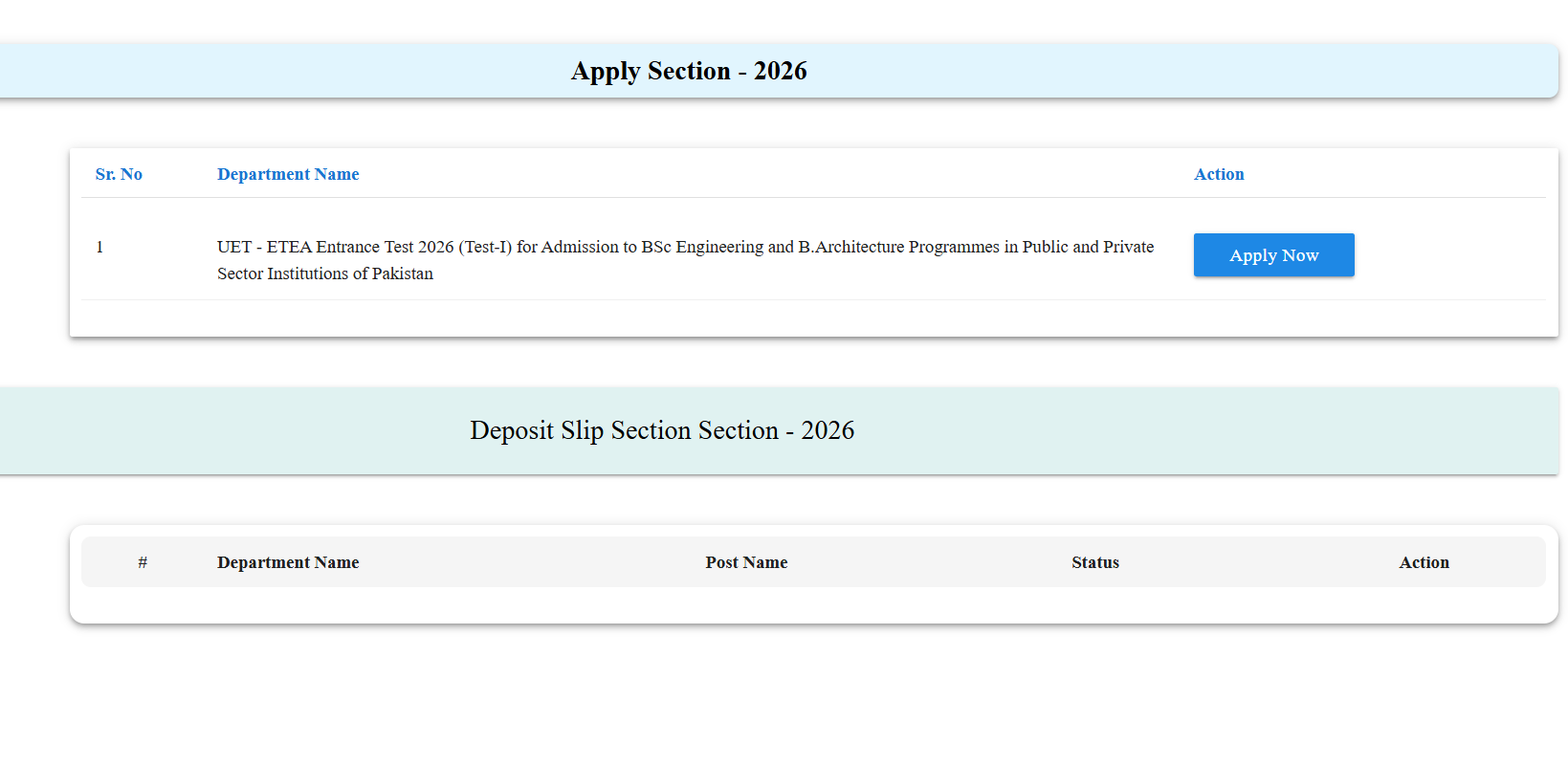 ETEA portal showing the UET-ETEA Entrance Test application row with the Apply Now button