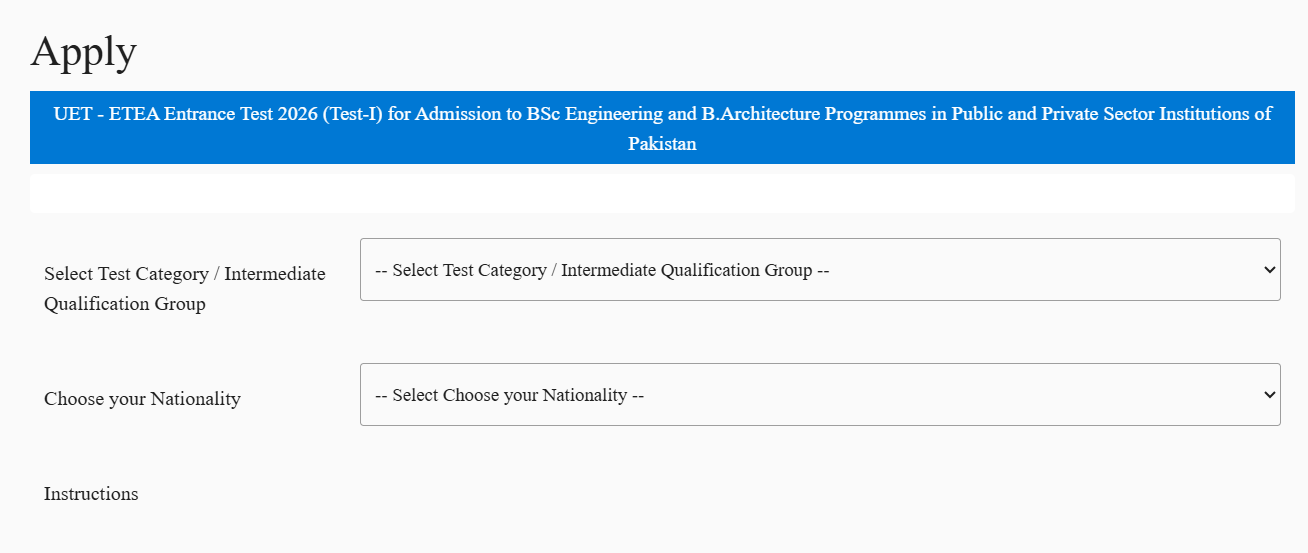 ETEA apply form asking for test category, intermediate qualification group and nationality