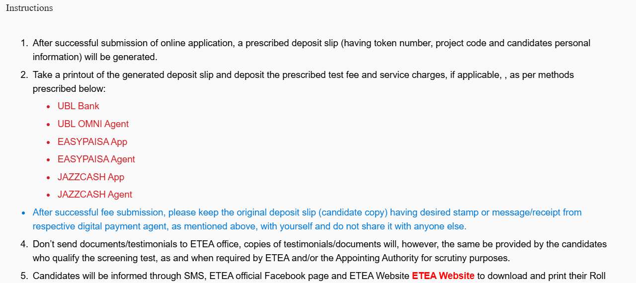ETEA fee payment instructions listing UBL Bank, UBL OMNI, Easypaisa and JazzCash options