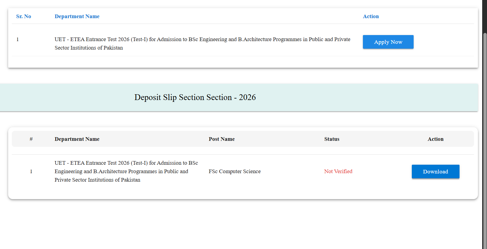 ETEA dashboard deposit slip section showing application status and the Download button