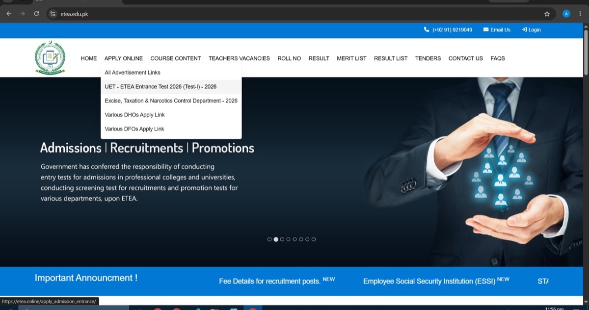 ETEA website Apply Online menu showing the UET-ETEA Entrance Test link