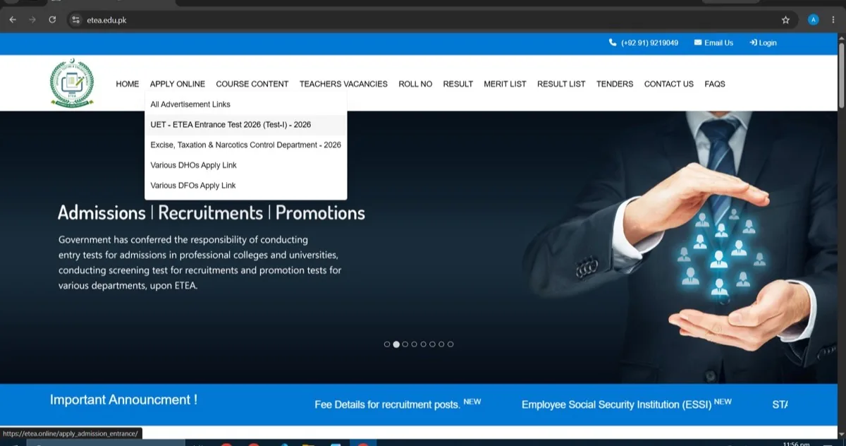 ETEA website Apply Online menu showing the UET-ETEA Entrance Test link