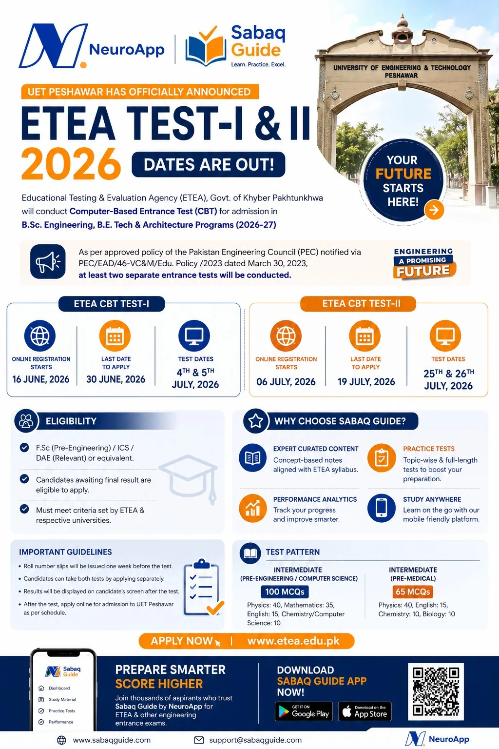 ETEA Test-I & Test-II 2026 official dates for UET Peshawar — Test-I 4 & 5 July, Test-II 25 & 26 July 2026 — Sabaq Guide