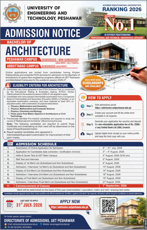 UET Peshawar Bachelor of Architecture admissions 2026-27 official notice — eligibility, entry test and dates