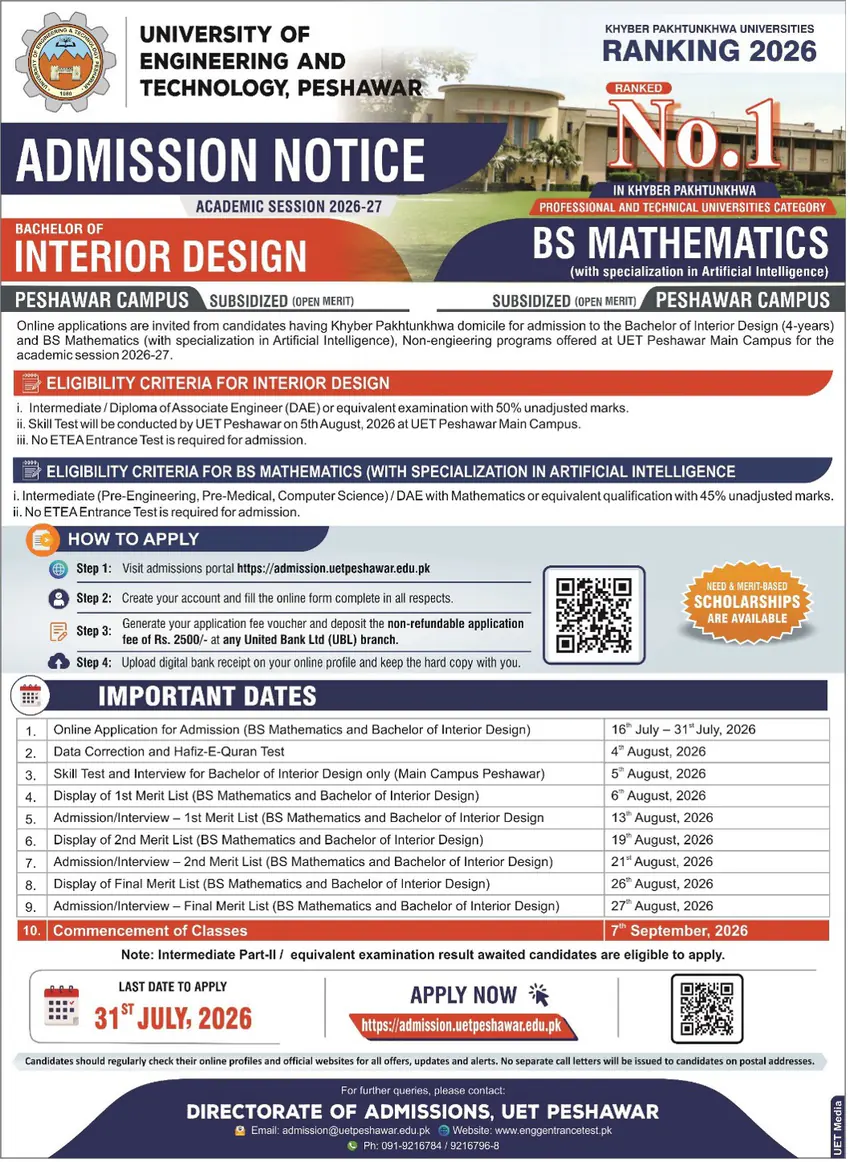 UET Peshawar BS Mathematics (AI) 2026-27