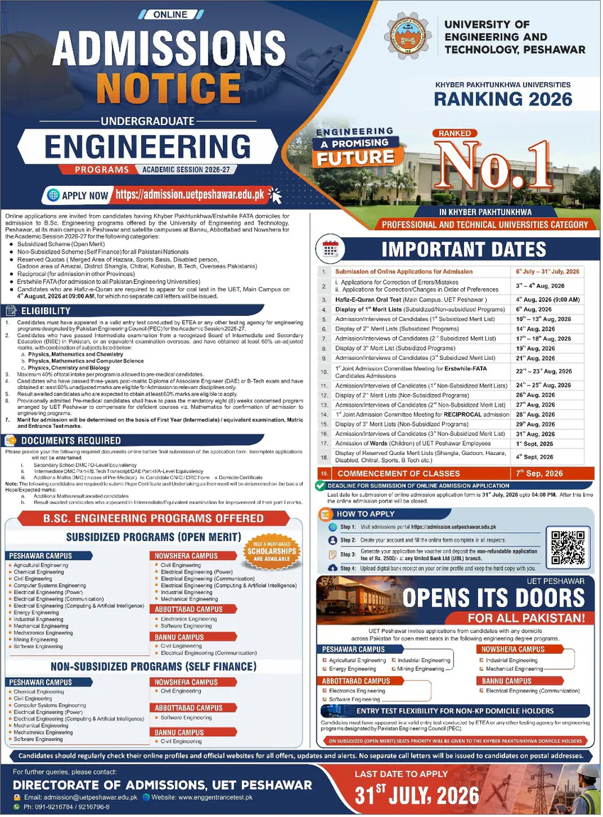 UET Peshawar Engineering 2026-27